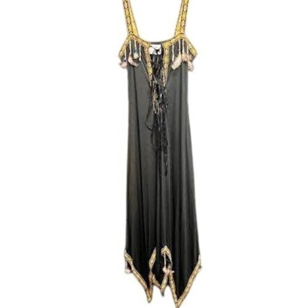 Vintage Je T'aime by Nancy Bracoloni Black Boho Lace-Up Maxi Feather Bead Fringe